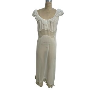Vintage Virginia Wallace White Sheer Ruffle Trim Long Nightgown Dress Size 38